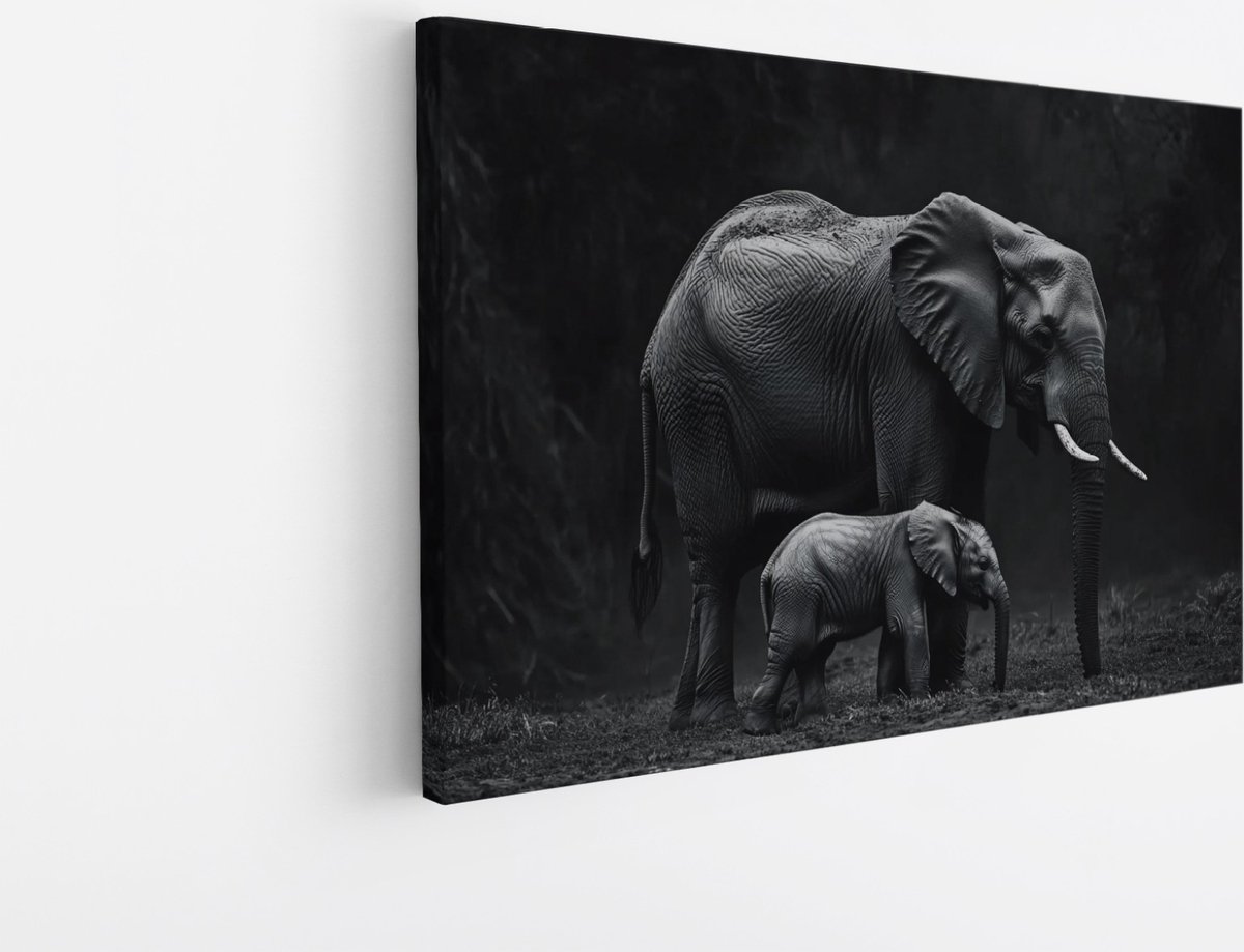 Saammp Canvas Schilderij - Olifanten Familie in thailand - Zwart-Wit - Dieren - 70x50 - Foto op canvas - Wanddecoratie - muurdecoratie Woonkamer - Slaapkamer decoratie - Canvas Print Multicolor