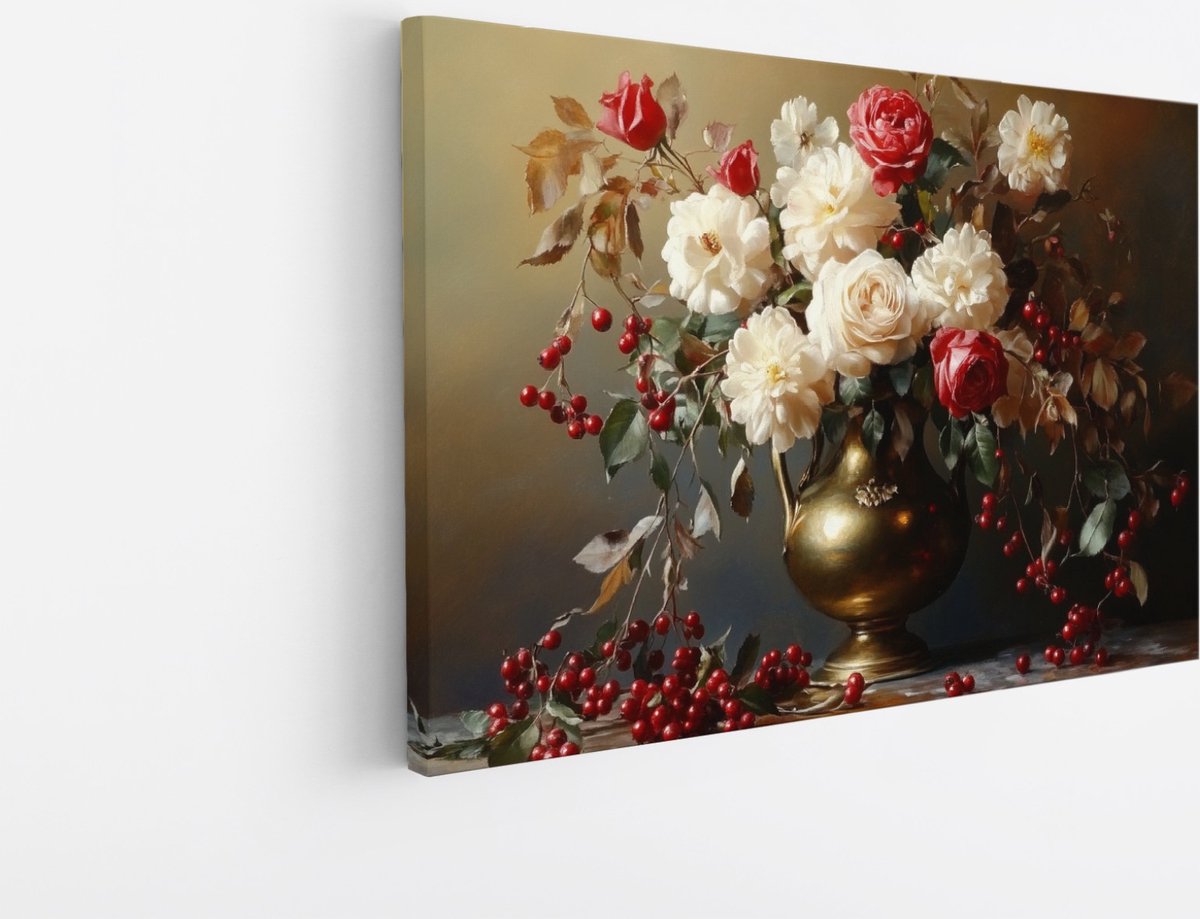Saammp Canvas Schilderij - Klassiek Bloemstuk met Rozen en Bessen - Stilleven - Natuur - 30x20 - Foto op canvas - Wanddecoratie - Luxe Woondecoratie - Romantisch Interieur Multicolor