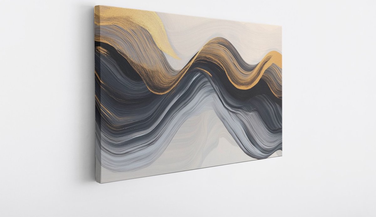 Saammp Canvas Schilderij - Zwart goud golvend - Abstract kunstwerk - 70x50 - Foto op canvas - Wanddecoratie - Muurdecoratie Woonkamer - Slaapkamer decoratie - Canvas Print Multicolor