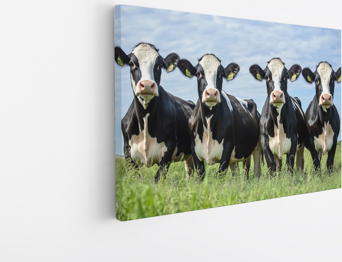 Saammp Canvas Schilderij - Zwart witte koeien - Dieren - Natuur - 90x60 - Foto op canvas - Wanddecoratie - Muurdecoratie Woonkamer - Slaapkamer decoratie - Canvas Print Multicolor