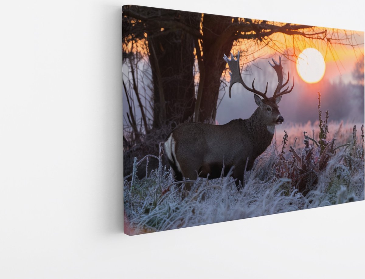 Saammp Canvas Schilderij - Hert - Winter - Natuur - Dieren - 120x80 - Foto op canvas - Wanddecoratie - Muurdecoratie Woonkamer - Slaapkamer decoratie - Canvas Print Multicolor