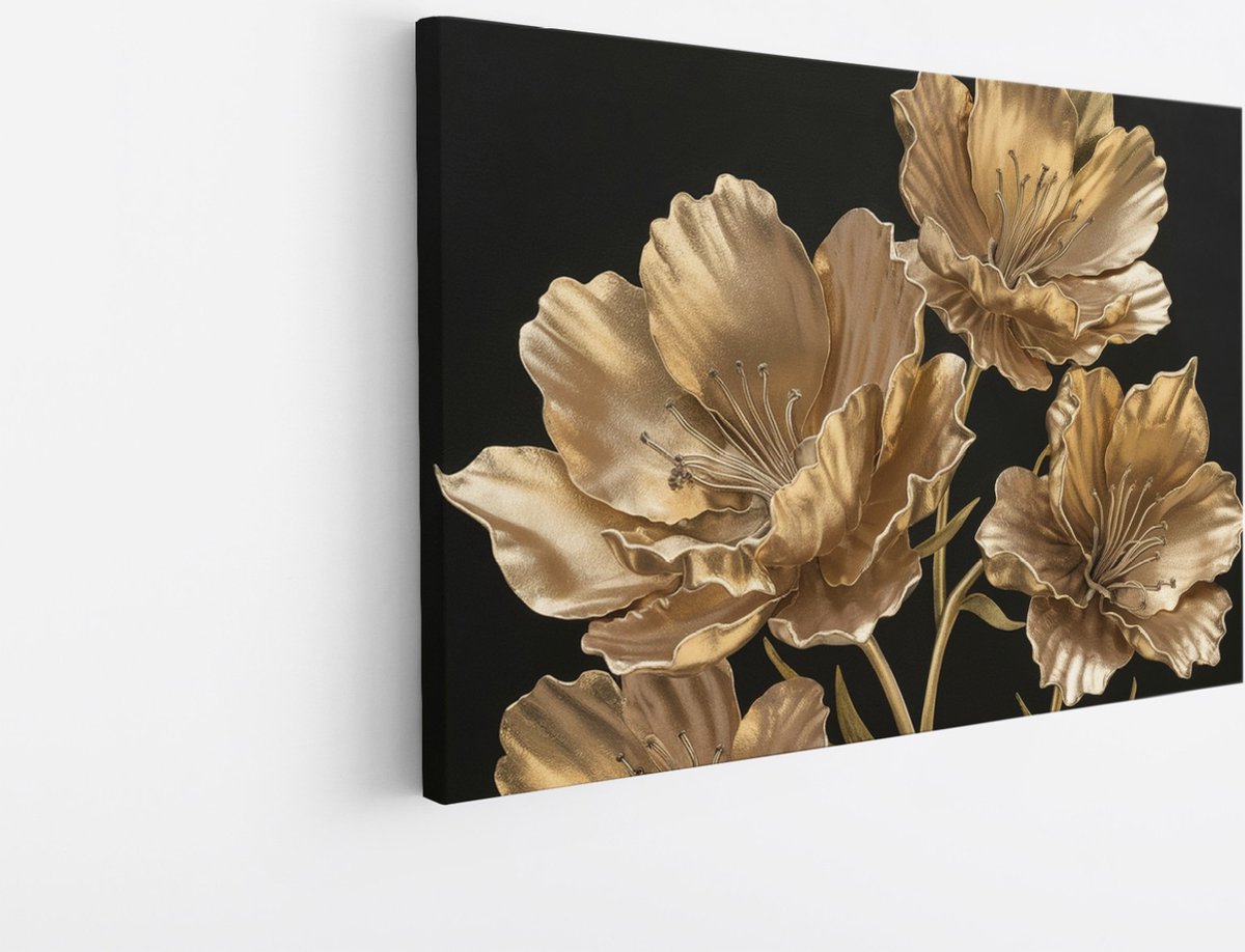 Saammp Canvas Schilderij - Bloemen - Goud - Zwart - Abstract - 100x75 - Foto op canvas - Wanddecoratie - Muurdecoratie Woonkamer - Kantoor Decoratie Multicolor