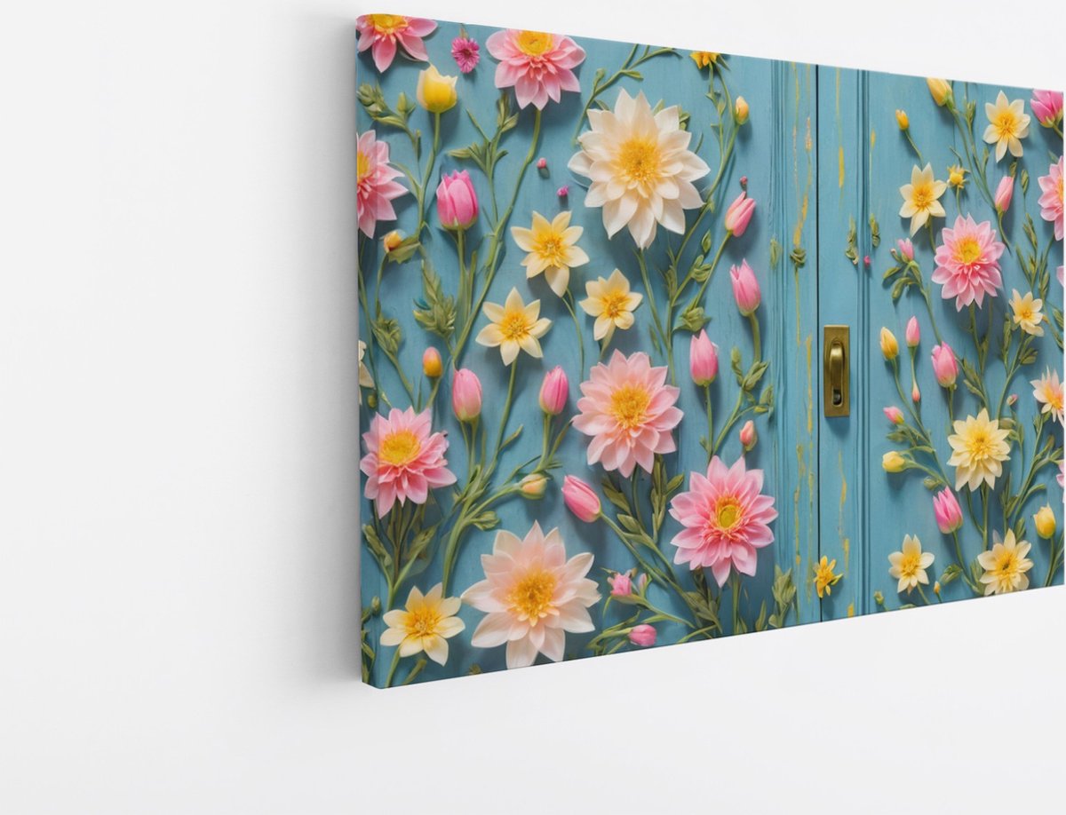 Saammp Canvas Schilderij - Bloemen op deur - Abstract - 150x100 - Foto op canvas - Wanddecoratie - Muurdecoratie Woonkamer - Kantoor Decoratie Multicolor