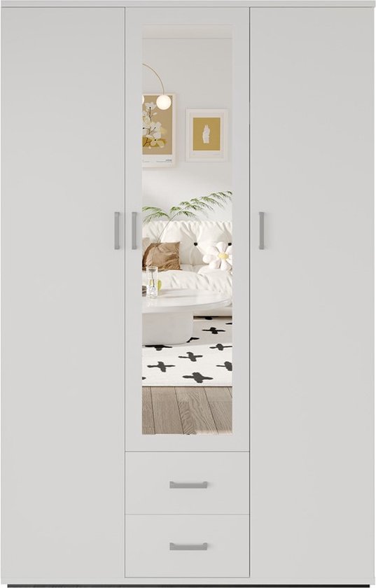 Interiax Kledingkast 'Lena' – 3 Deuren, 2 Lades, 1 Hanger, Spiegel & 4 Legplank | Wit | 185x120x52cm