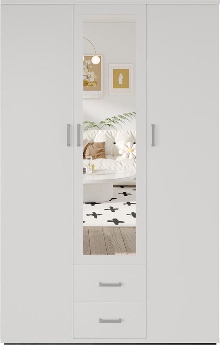 Interiax Kledingkast 'Lena' – 3 Deuren, 2 Lades, 1 Hanger, Spiegel & 4 Legplank | Wit | 185x120x52cm