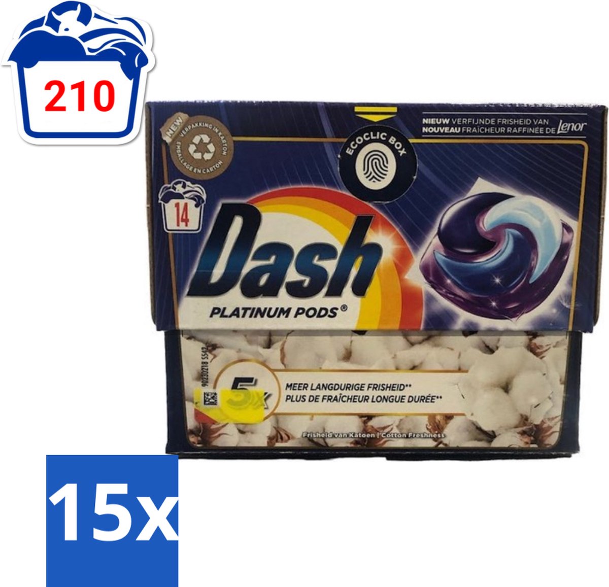 Dash Platinum - Wasmiddel Capsules - Witte en Gekleurde Was - Frisheid van Katoen - 14 Wasbeurten - Bulkverpakking - 15 stuks