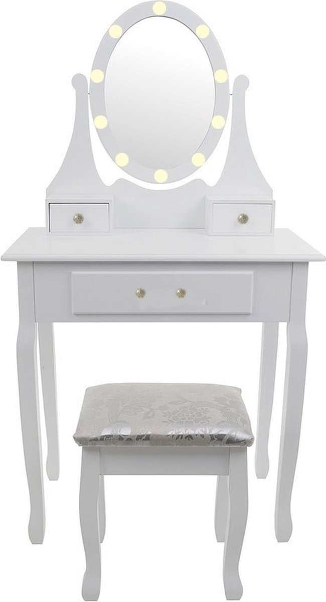 Viking Choice Kaptafel met Spiegel, LED Verlichting en Krukje - 80x40x137 cm - Wit