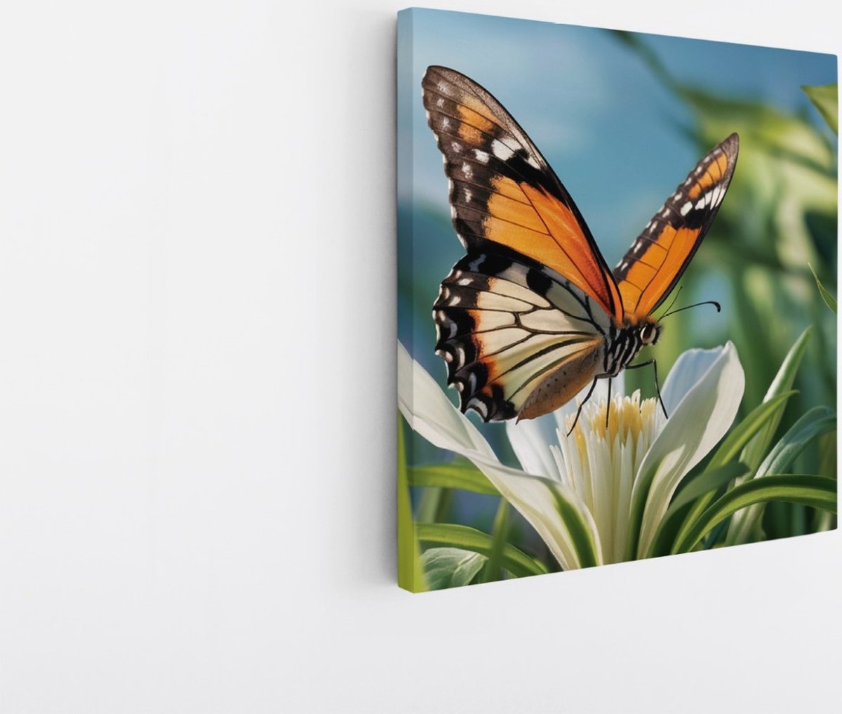Saammp Canvas Schilderij -Vlinder op witte bloem - Dieren - 60x60 - Foto op canvas - Wanddecoratie - muurdecoratie Woonkamer - Slaapkamer decoratie - Canvas Print Multicolor