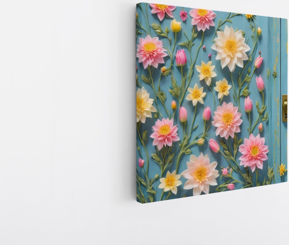 Saammp Canvas Schilderij - Bloemen op deur - Abstract - 100x100 - Foto op canvas - Wanddecoratie - Muurdecoratie Woonkamer - Kantoor Decoratie Multicolor