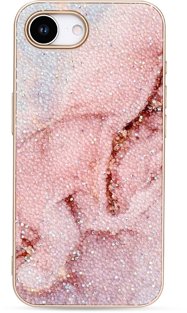 Casemania Hoesje Geschikt voor Apple iPhone 16e - Roze - Marmer Diamant Glitter Back Cover