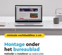Een laptop op een bureau, met tekst 'minimale werkbladdikte: 2 cm' en 'montage onder het bureaublad'.