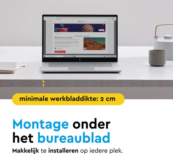 Een laptop op een bureau, met tekst 'minimale werkbladdikte: 2 cm' en 'montage onder het bureaublad'.