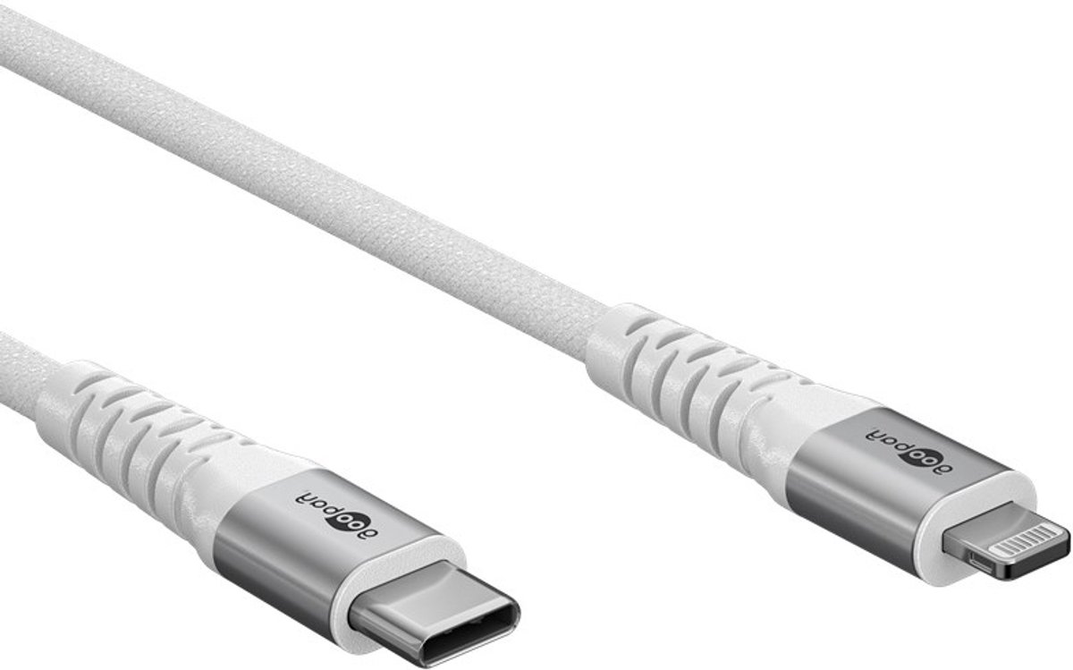 Goobay Lightning USB-C superzachte textiel kabel met metalen connectoren, 2 m, wit