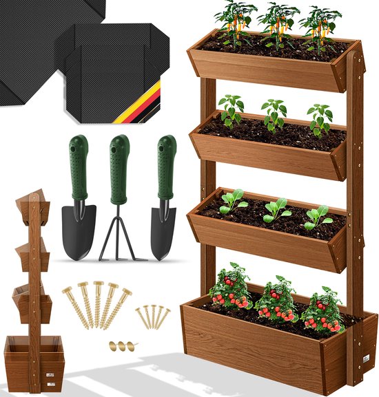 KESSER® Verticale Tuin met 4 Plantenbakken - Kweekbak voor Terras Balkon & Tuin inclusief Tuinvlies verticale Plantenbak met 4 vakken - Bruin