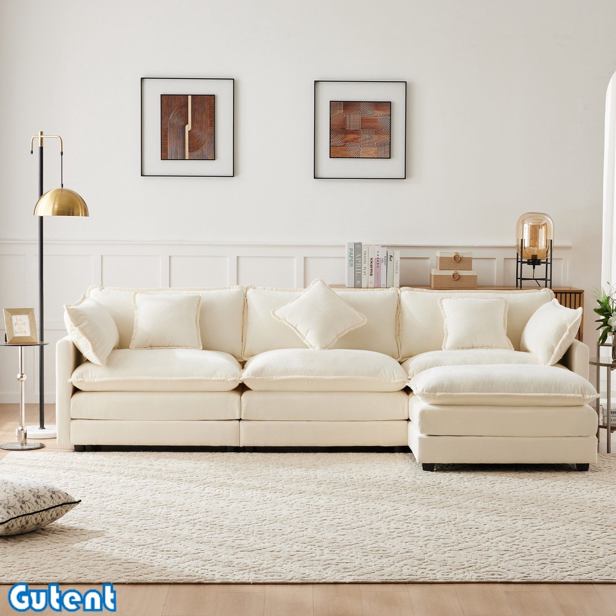 Gutent Driezitsbank-Modern ontwerp-Kenille stof-L Vorm hoekbank-Beige