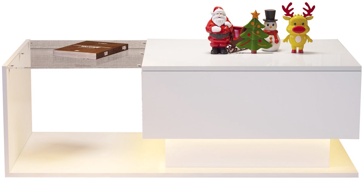 Merax Hoogglans Salontafel – 100x50 cm – met Glasplaat – LED-Verlichting & Opberglade – Wit