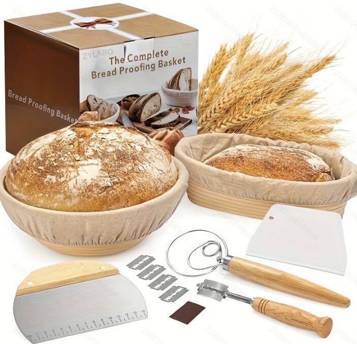 ZYLARO Rijsmandje - 2 stuks Rijsmand Broodbakken set - bakset - Rijsmand Rond Ø 23 cm + Rijsmand Ovaal Ø 25 cm - incl deegkleed, Deegmesje, Deegschraper, Deegkwast - Banneton