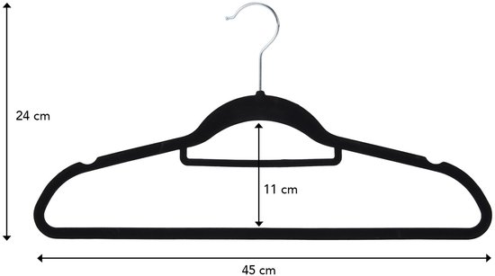 Zwarte fluwelen kledinghanger met zilverkleurige metalen haak, 45 cm breed.