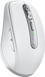 Witte Logitech MX Anywhere 3S muis met zilveren scrollwiel en logo.