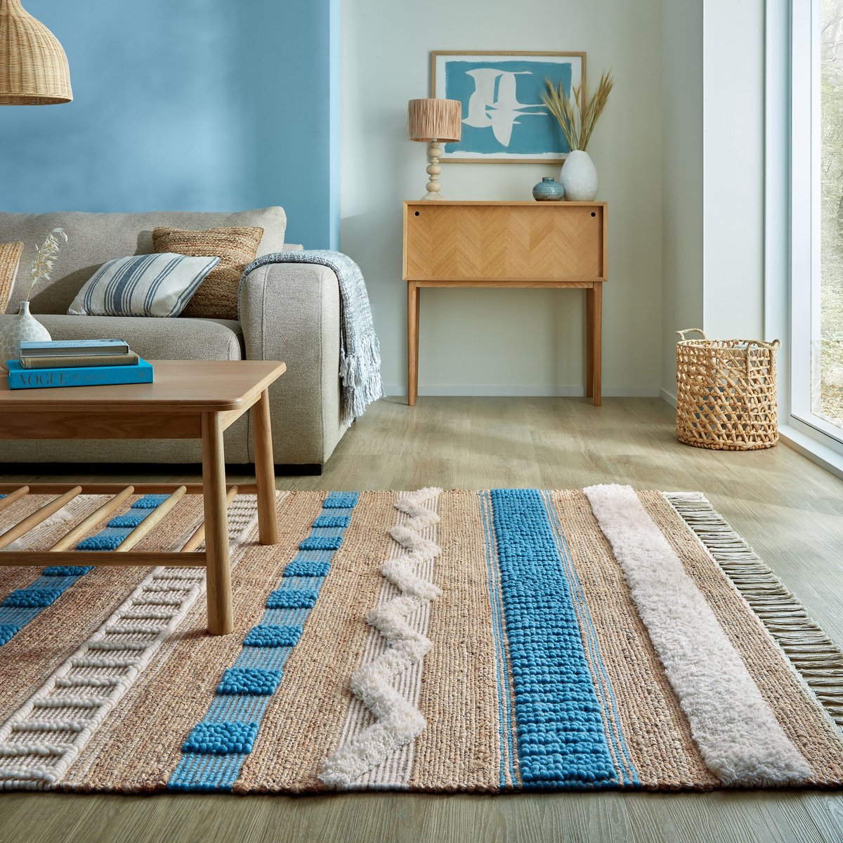 flycarpets Laagpolig Medina Jute Weave Stripe Vloerkleed Naturel / Blauw 160x230 cm