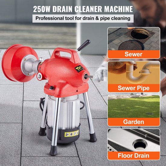Afvoerreinigingsmachine - Elektrische Pijpreiniger - 250W - Met 7-delige Snijgereedschappen - 20 m x 16 mm Kabel - Handmatige Invoer - Toiletten - Gootstenen - Huishoudelijk en Commercieel Gebruik van Monzana — afbeelding 3