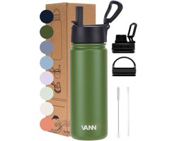 foto van VANN® 3-Wandige RVS Waterfles 500 ML met rietje voor volwassenen – Met 5 accessoires – bidon – 24 uur koud/12 uur warm – Groen – VANN ULTIMATE BOTTLE®