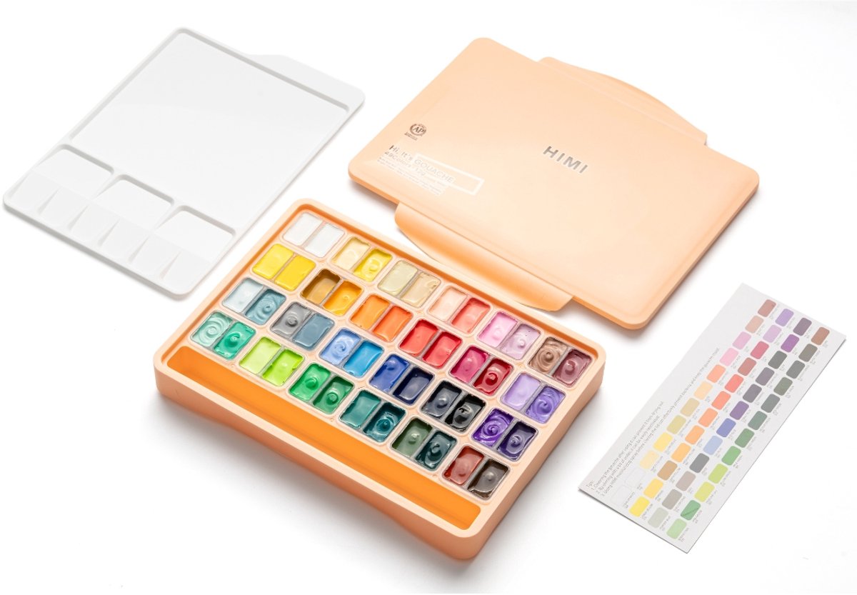 HIMI - Gouache - Twin split cups - set van 48 kleuren - 12g - 3 penselen - Peach Fuzz — afbeelding 3