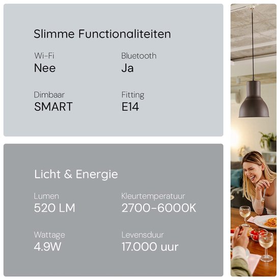 Spectrum Smart LED Lamp E14 4.9W - 230V - 520 Lumen - 2700-6000K - Bluetooth Compatibel - 5 stuks