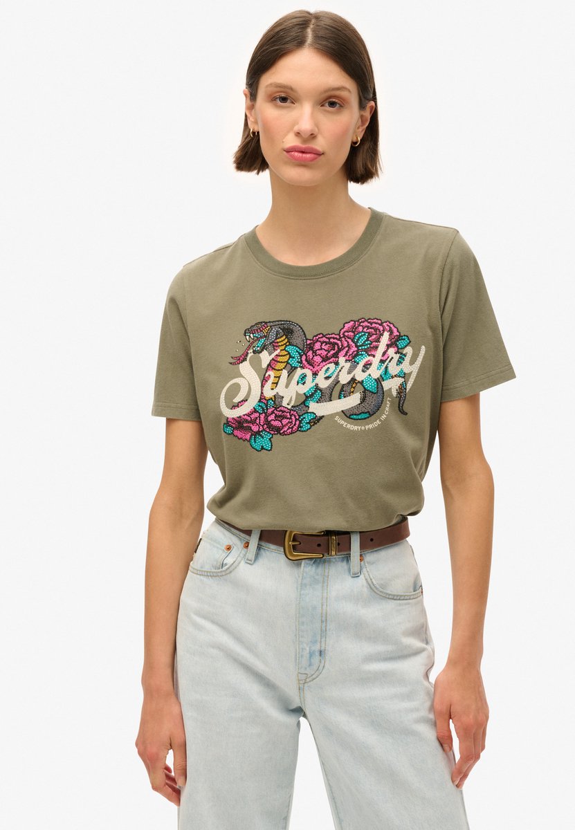 Superdry Tattoo T-shirt met tekst en losse pasvorm Dames T-shirts Groen