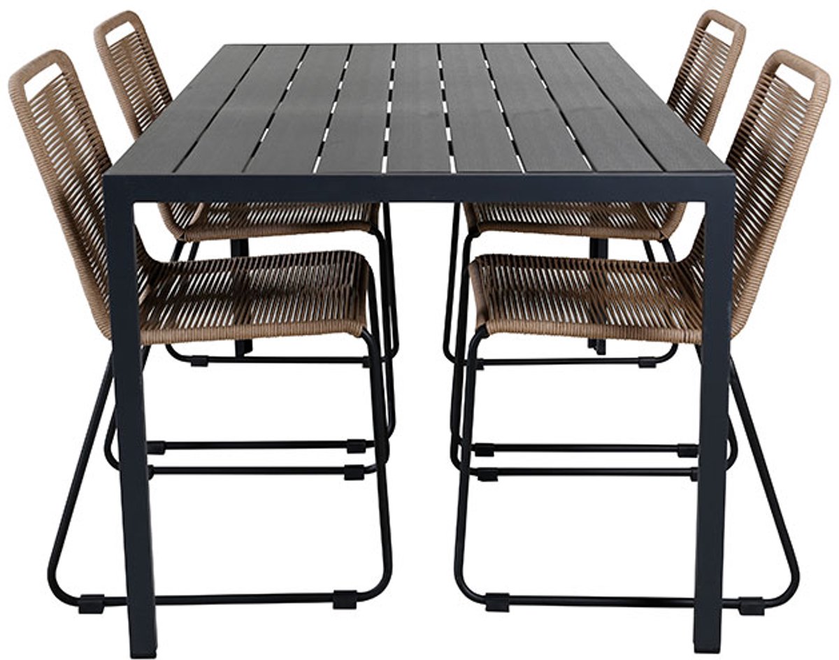 BreakLindos tuinmeubelset 1 eettafel, 4 stoelen zwart.
