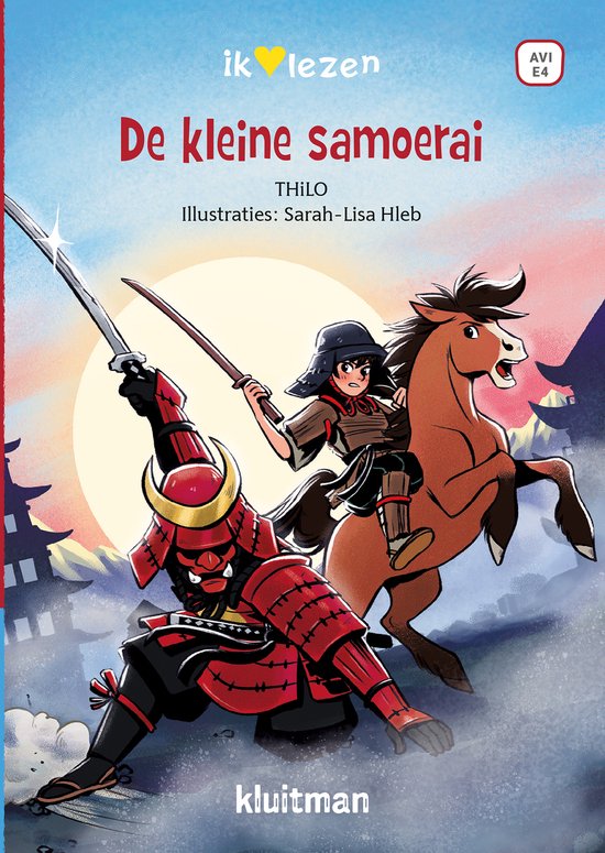 Jongen op paard en samoerai met rood harnas vechten met zwaarden.