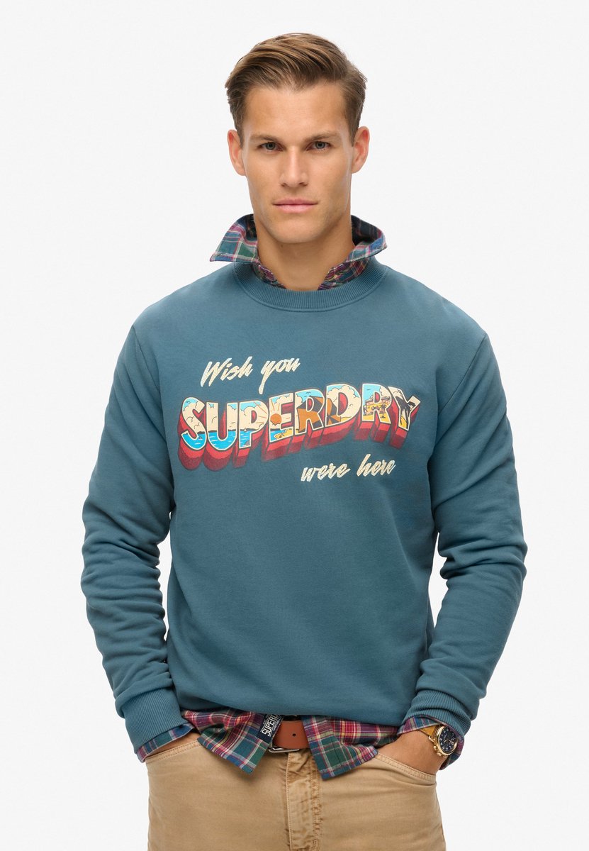 Superdry Travel Postcard sweatshirt met ronde hals en grafische print Heren Truien Blauw
