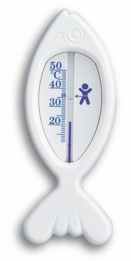 Witte visvormige thermometer met schaalverdeling van 20-50 graden Celsius en een blauw poppetje.