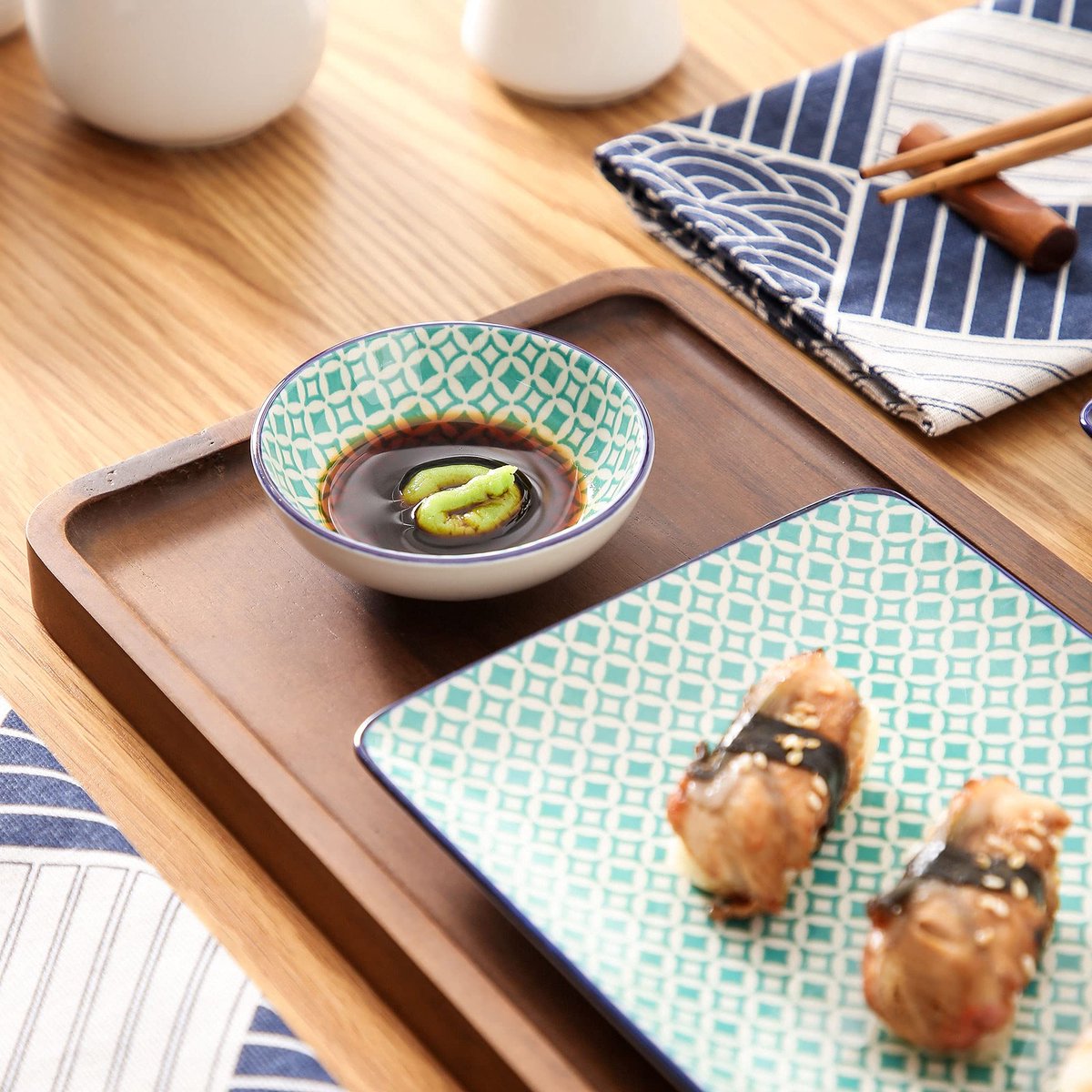 vancasso, Macaron-serie, porseleinen sushi-set voor 2 personen, 2 lange borden, 2 paar eetstokjes, 2 sauskommen, exotische stijl