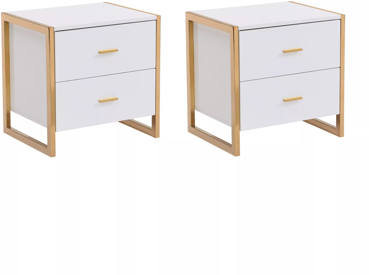 Vente-unique Set van 2 nachtkastje met 2 lades - MDF - Wit gelakt en goud - OMBRELIA