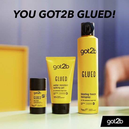 Gele verpakkingen van Got2b Glued wax stick, waterbestendige gel en haarspray.