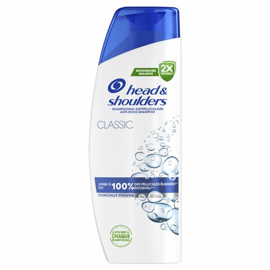 Shampooing Head & Shoulders Classic, 300ml, avec bouchon bleu et design de bulles.