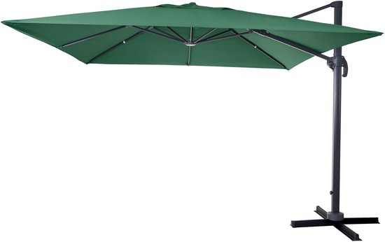 Donkergroene rechthoekige zweefparasol met donkergrijs frame en staander op kruisvoet.