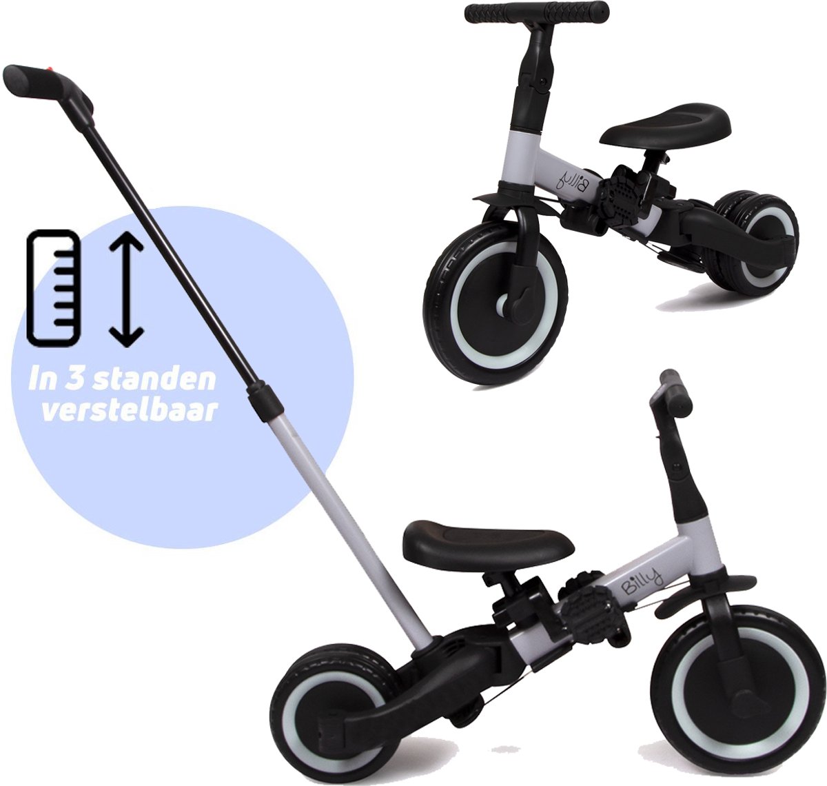 Billy 4 in1 Driewieler met duwstang - Loopfiets - Kinderfiets - Balance Bike - Gio - Zwart-Grijs — afbeelding 5