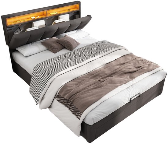 JiaOyu Gestoffeerd bed 140x200 cm met opbergruimte en 2 laden hydraulisch tweepersoonsbed zonder hoofdeinde, platformbed bed met lattenbodem voor volwassenen en jongeren (beige, 140x200cm
