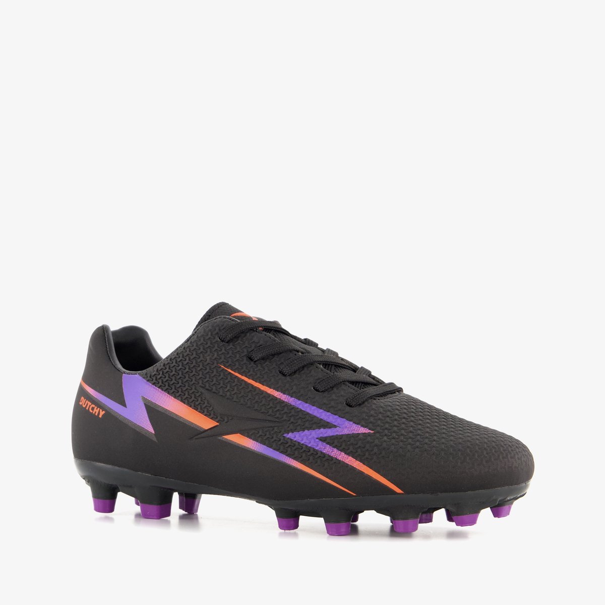 Zwarte kinder voetbalschoenen van Dutchy MG met paarse details, vetersluiting en rubberen multiground zool, maat 35.
