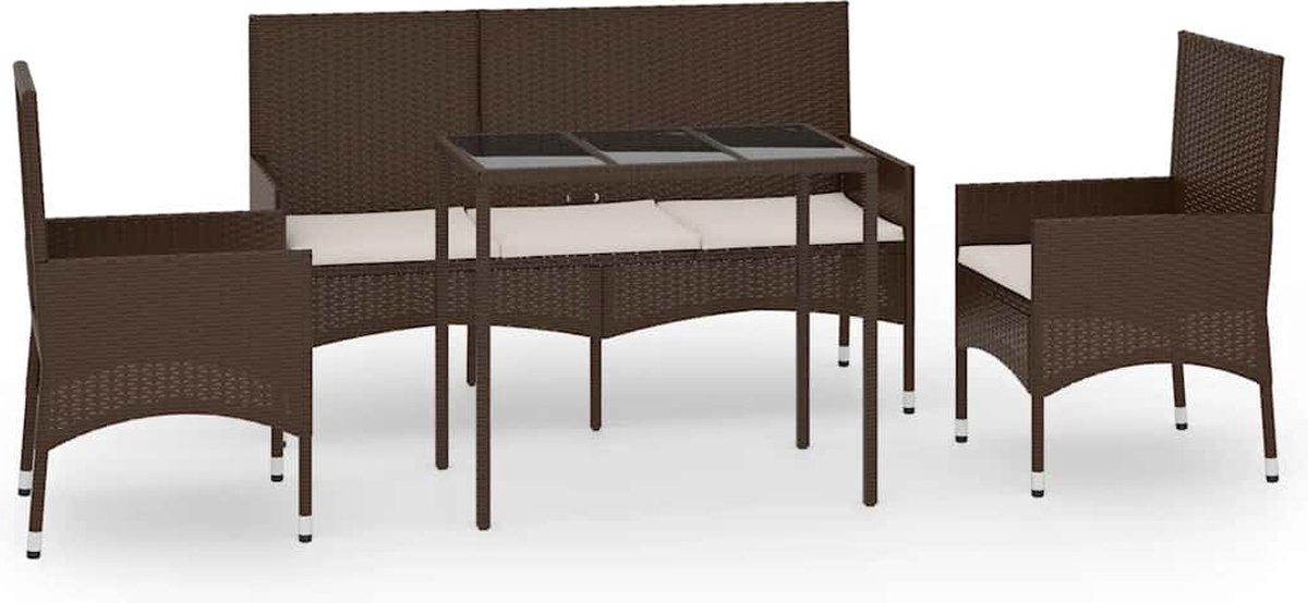 The Living Store 4-delige Loungeset met kussens poly rattan bruin - Loungeset - Lounge Set - Buitendecoratie - Tuinmeubelset - Patio Furniture