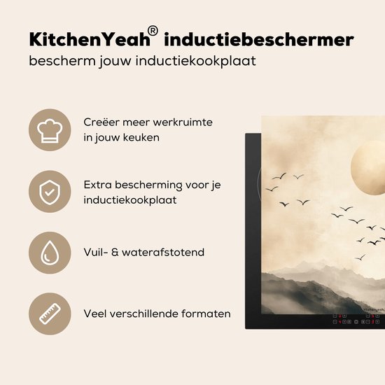 KitchenYeah® Protection plaque induction 60x52 cm - Paysage - Japandi - Oiseaux - Protege plaque de cuisson - Couvre plaque induction - Protecteur d'induction - Cuisine