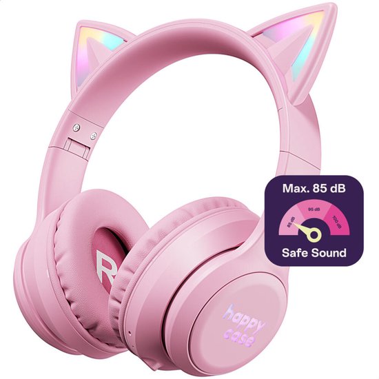 HappyCase Kinder Koptelefoon met Kattenoortjes - veilige volumebregrenzer - Bluetooth Koptelefoon Voor Kinderen - Ledverlichting - Over-Ear Hoofdtelefoon - Geluiddempend - Roze