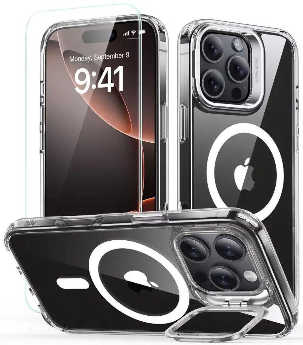 ESR Classic Hybrid HaloLock Hoesje Geschikt voor Apple iPhone 16 Pro- Met Screenprotector - Compatibel met MagSafe - Back Cover met Standaard - Camera Kickstand - Gehard Glas - Transparant