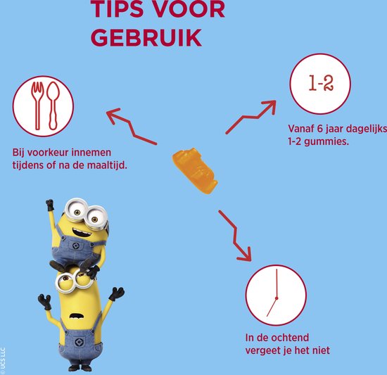 Instructies voor gebruik van gummies: 1-2 per dag vanaf 6 jaar, bij voorkeur tijdens of na de maaltijd, vergeet niet in de ochtend. Minions-personages.