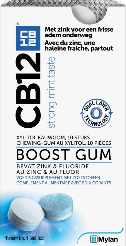 CB12 Mondverzorging Boost Kauwgom - Sterke Mintsmaak - Verfrissend en Beschermend - Xylitol Kauwgom - 3-Voudige Werking - Strong Mint - 10 stuks