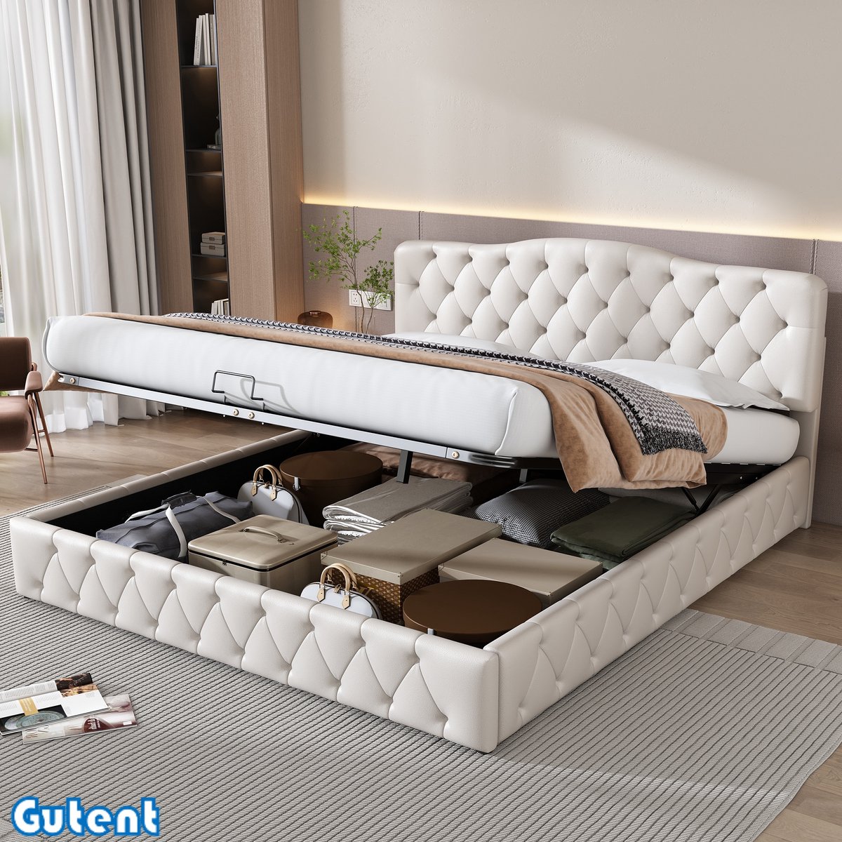 Gutent Gestoffeerd bed-180*200cm-met in hoogte verstelbaar hoofdeinde-Opbergbed-PU-Wit -Geen matras