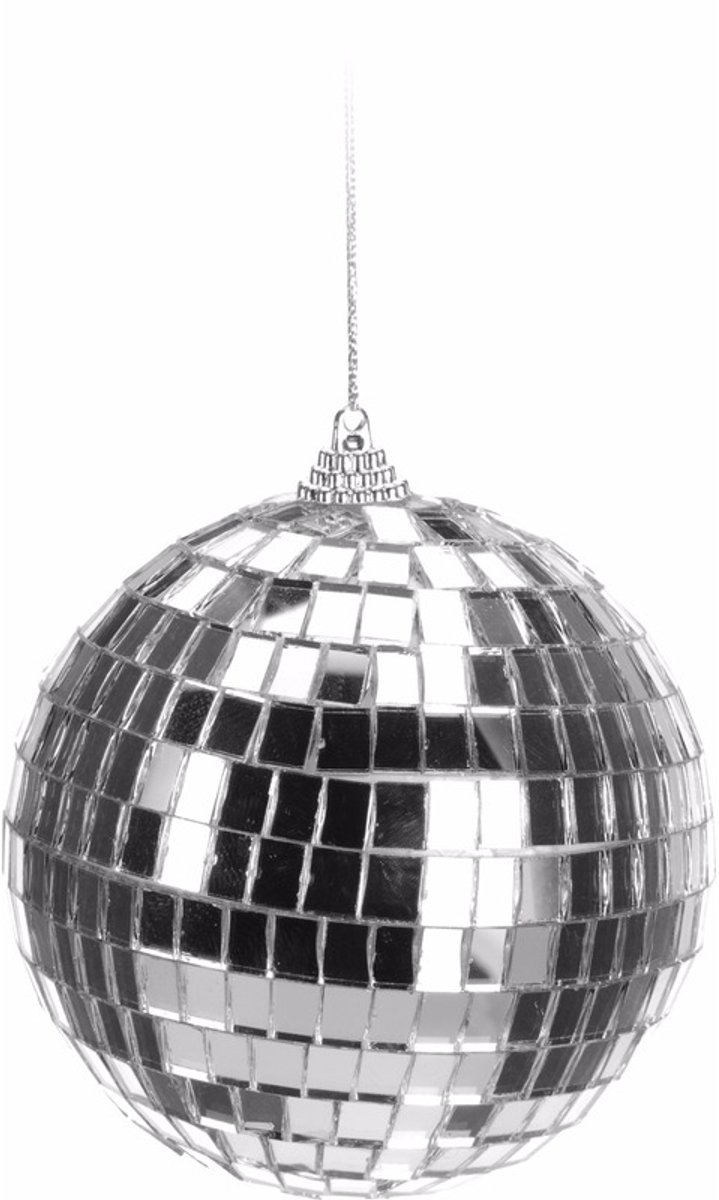 Zilveren spiegelbal kerstversiering, 10 cm diameter, gemaakt van piepschuim en glas.