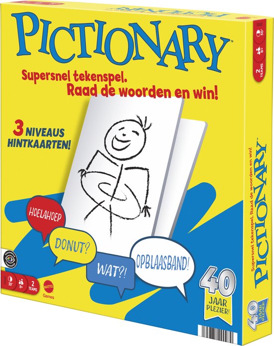 Pictionary speldoos met 'Supersnel tekenspel. Raad de woorden en win!'